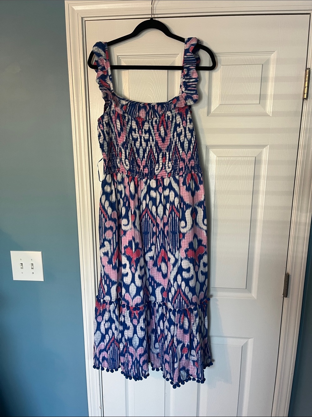 crown & ivy Navy and Pink Ikat Maxi Dress with Ruffled Straps